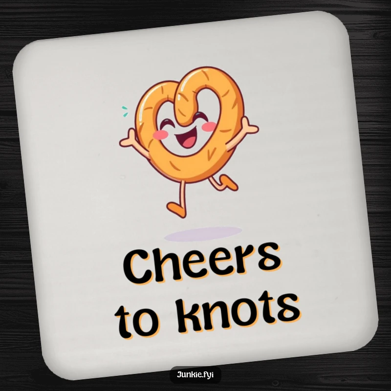 Funny pretzel coasters, a smiling character joyfully jumping with a sprinkle of salt, protecting surfaces with snacky fun.