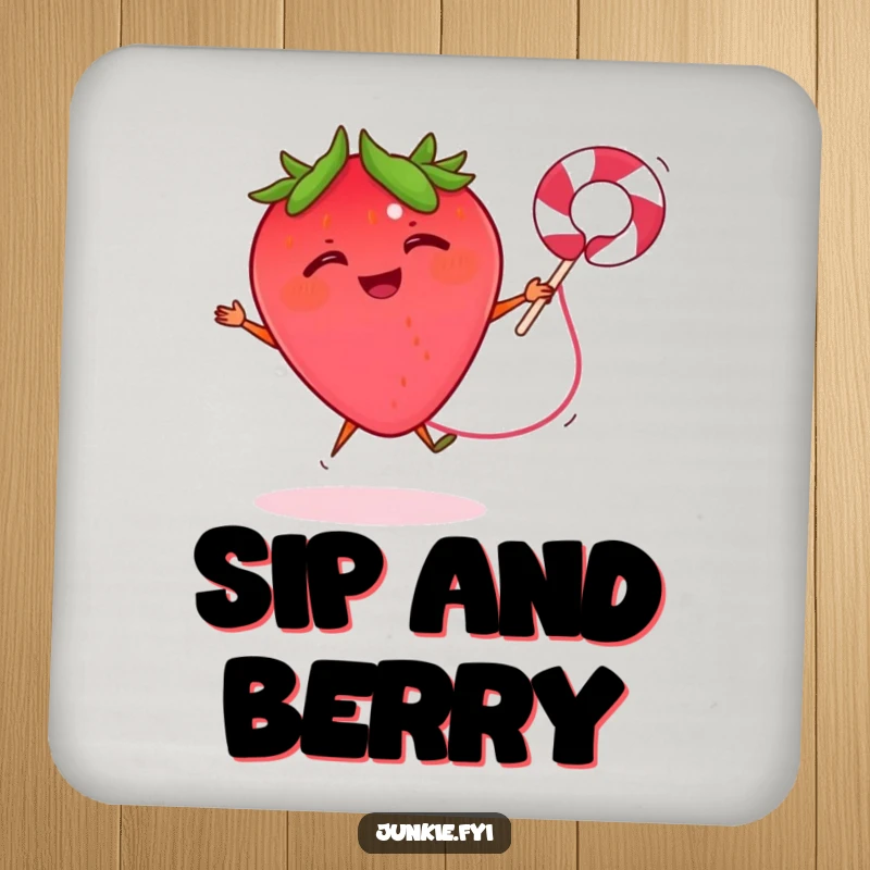 Funny drink coaster with a giggling strawberry jumping rope with a licorice string, protecting surfaces with energetic flair.