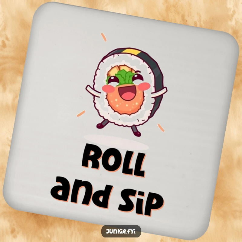 Funny sushi roll drink coaster, joyfully doing a cartwheel, protecting surfaces with humor and a smile.