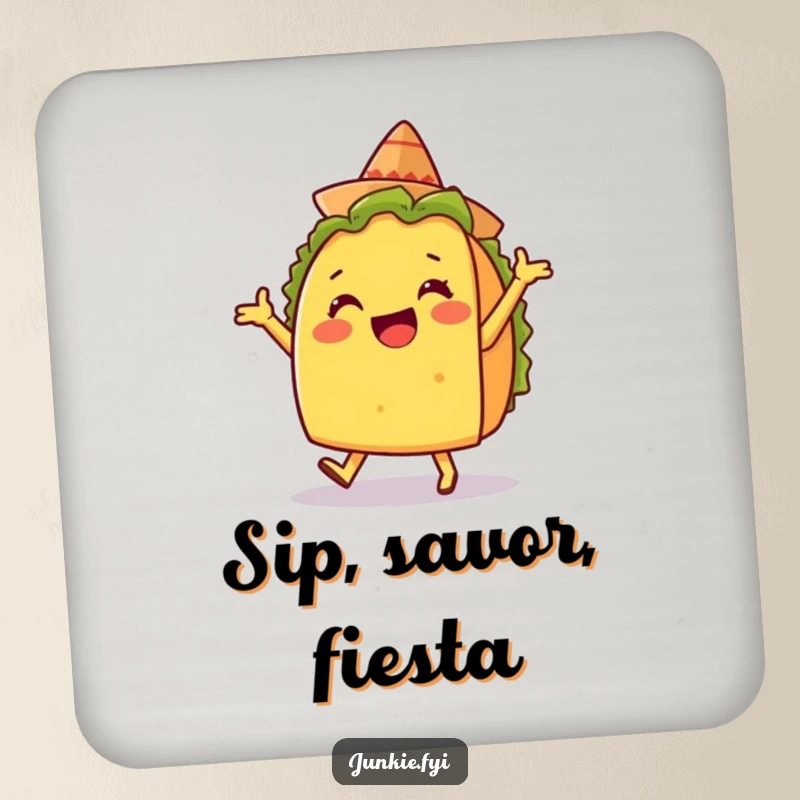 Funny coaster featuring a delighted taco character doing a silly dance with a tiny sombrero, a fun tabletop accent.