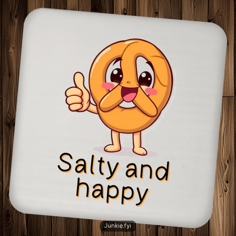 Funny Drink Coasters featuring a happy pretzel character giving an enthusiastic thumbs up, offering a positive touch and protection.