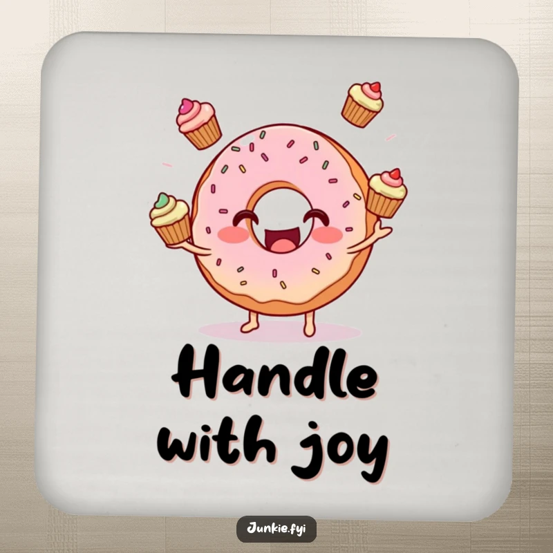 Funny donut character juggling three mini cupcakes on a set of drink coasters, protecting furniture with sweet humor.