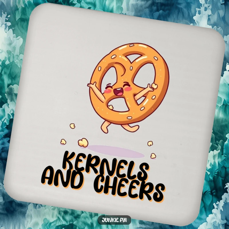 Funny drink coaster featuring a thrilled pretzel doing a cartwheel made of popcorn kernels.