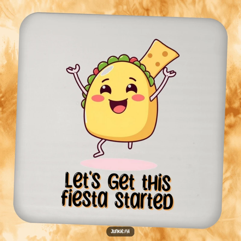 Funny Drink Coasters with a happy taco character dancing with a chip, adding a humorous flair to any drink station.