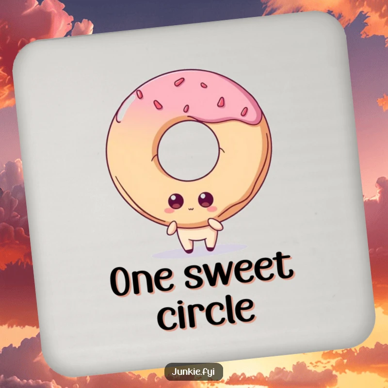 Funny drink coaster: A quirky food character with big eyes stares longingly at a giant doughnut, protecting surfaces with sweet style.