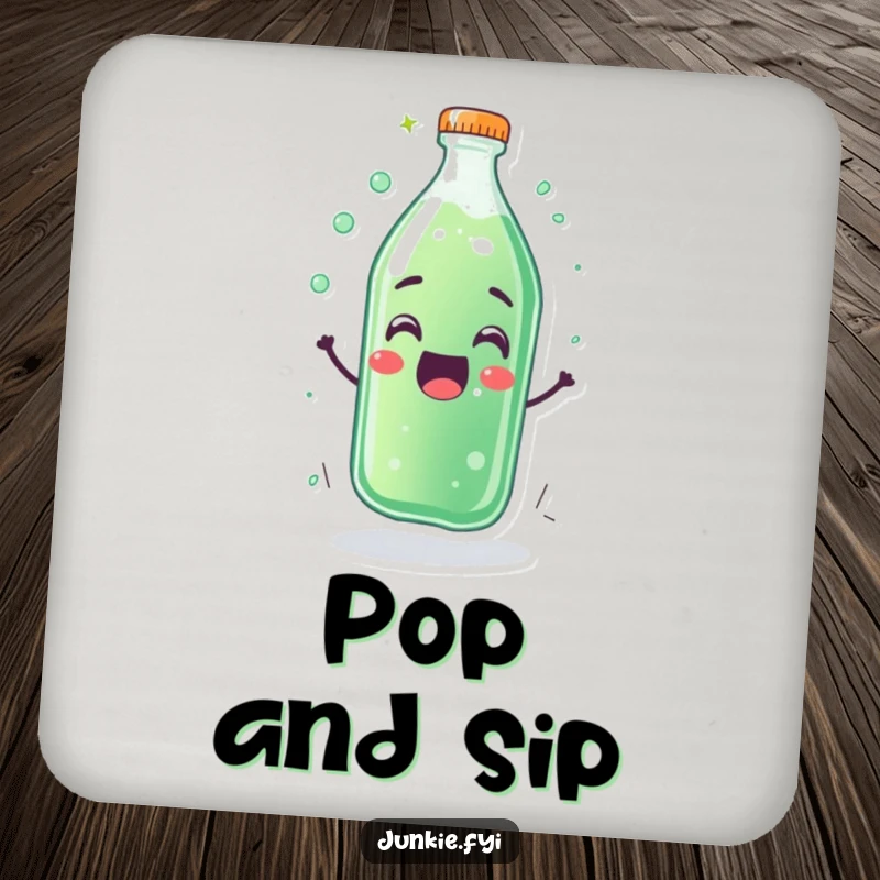 Funny drink coaster with a thrilled soda bottle character fizzing with overflowing happiness. Protects surfaces with humor.
