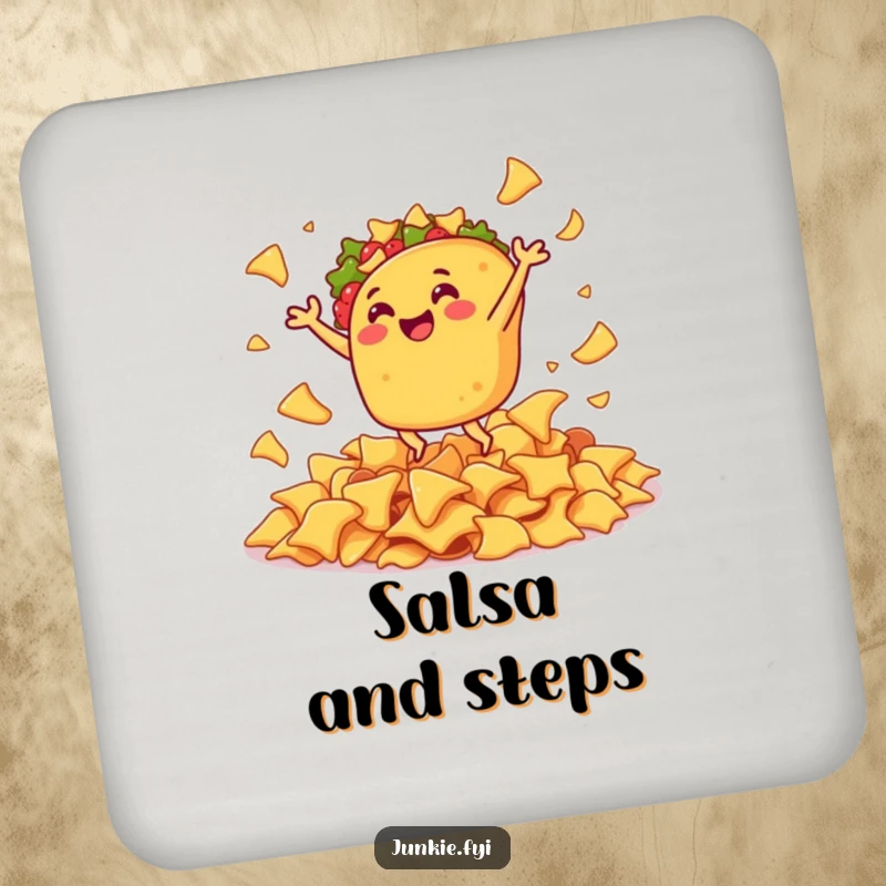 Funny drink coaster featuring a gleeful taco doing a joyful jig surrounded by a pile of crunchy nacho chips.