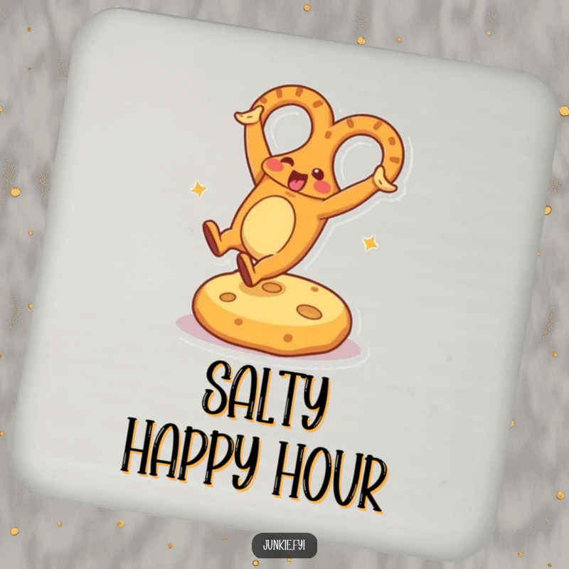 Funny Drink Coaster showcasing an energetic pretzel character doing a cartwheel on a cheese cushion, a humorous addition to any table.