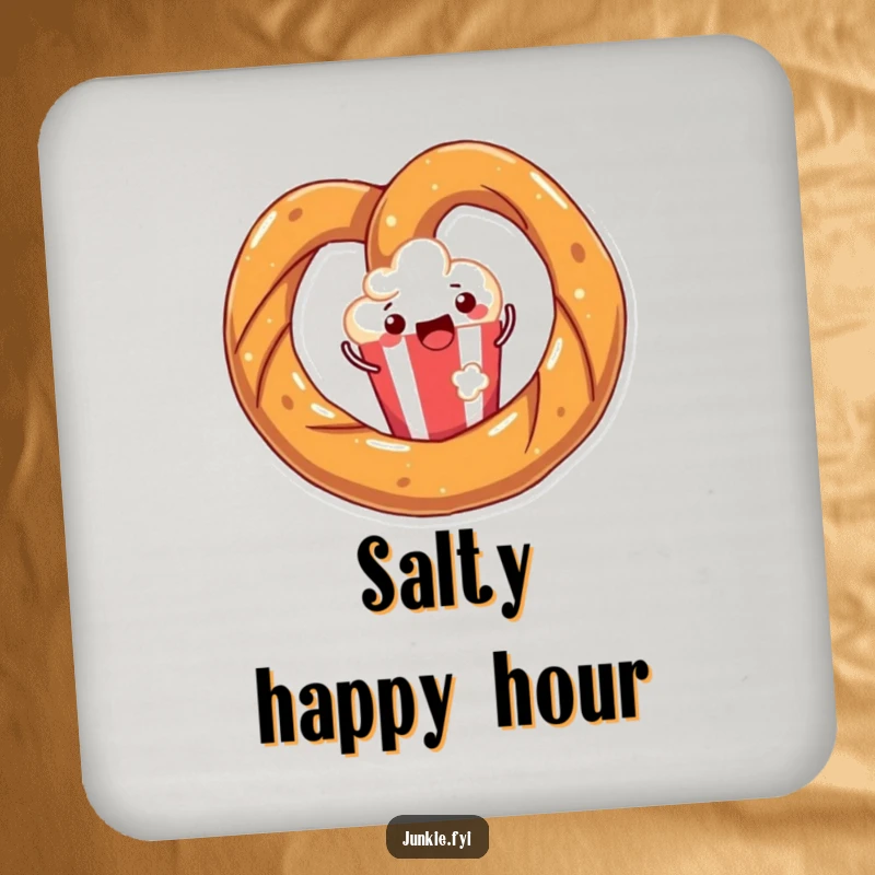 Funny drink coaster showcasing a joyful pretzel twisting with happiness around a popcorn kernel, adding snack humor to table settings.