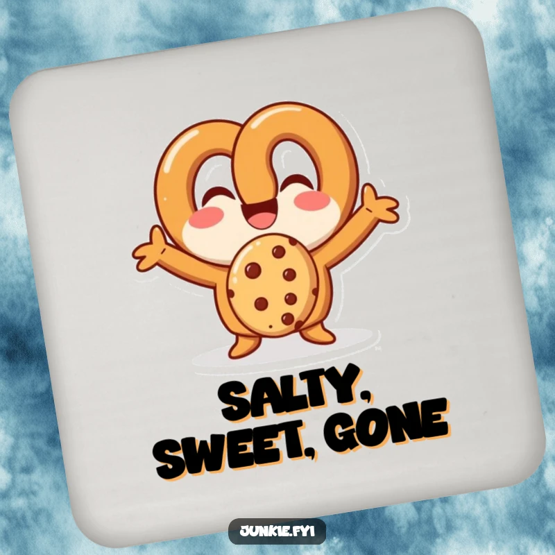 Funny pretzel character enthusiastically eating a cookie, depicted on a drink coaster for surface protection.