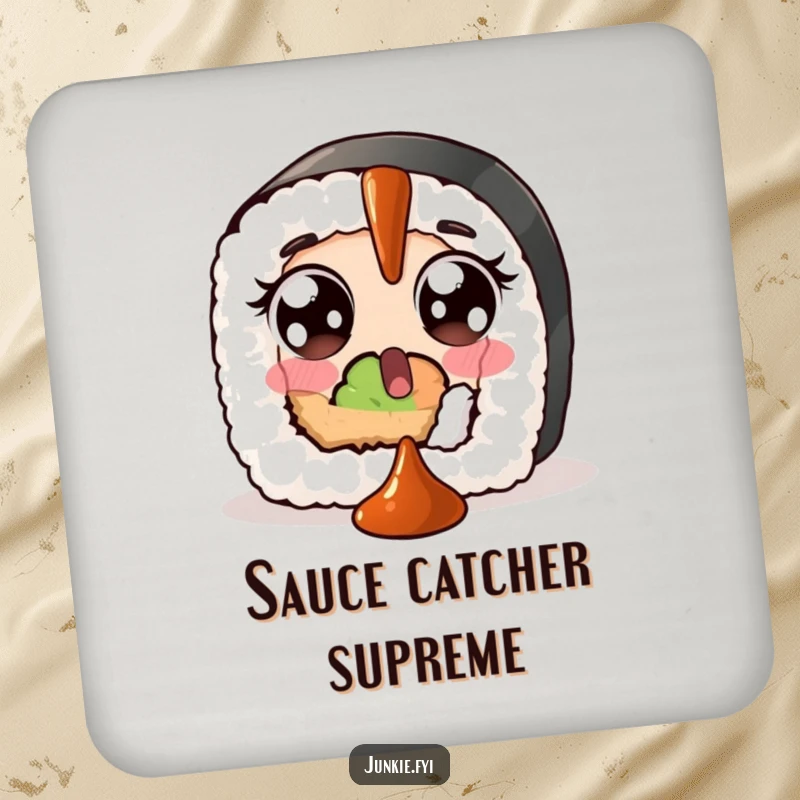 Funny drink coaster featuring a surprised sushi roll with wide eyes, comically trying to catch a falling dollop of soy sauce.