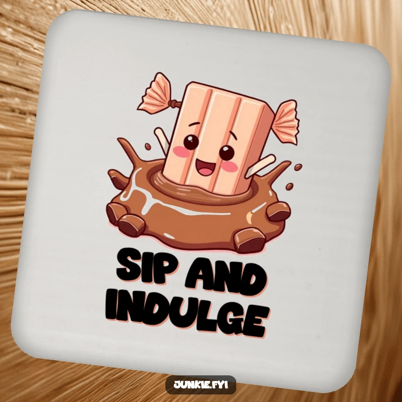 A candy bar dives into chocolate on these coasters, adding a fun, sweet, and humorous touch to drink protection.