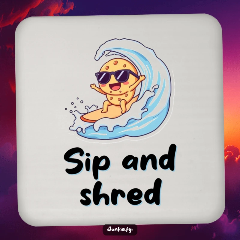 Funny Kawaii cookie wearing sunglasses, surfing a large milk wave, set of protective drink coasters.