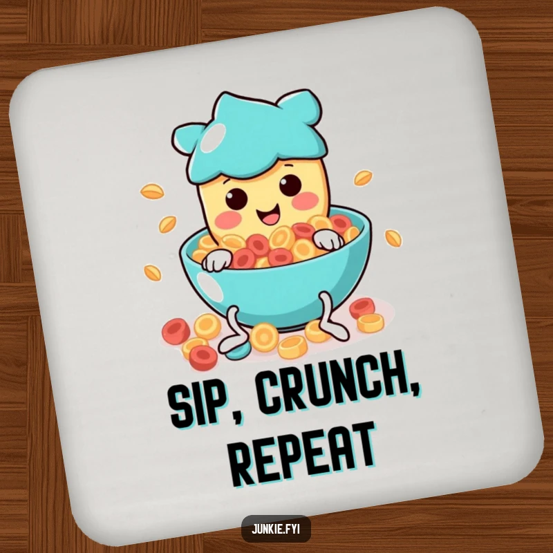 Funny Coaster: A food character with wiggly legs joyfully dives into a bowl of swirling cereal, protecting your surfaces.