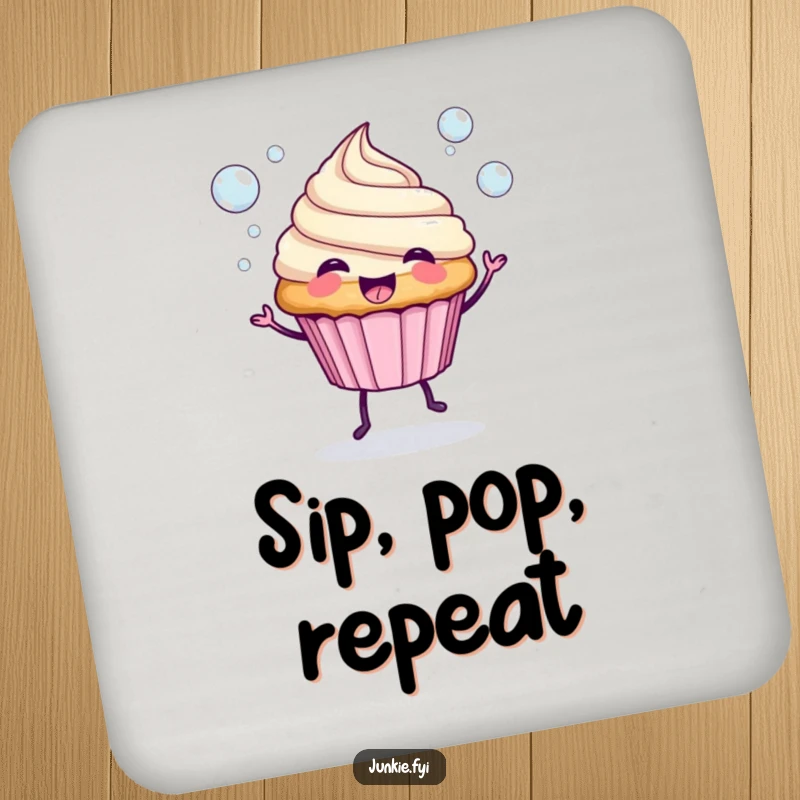 Funny Drink Coasters: A spunky cupcake with legs blows bubbles, adding sweet charm to surface protection.
