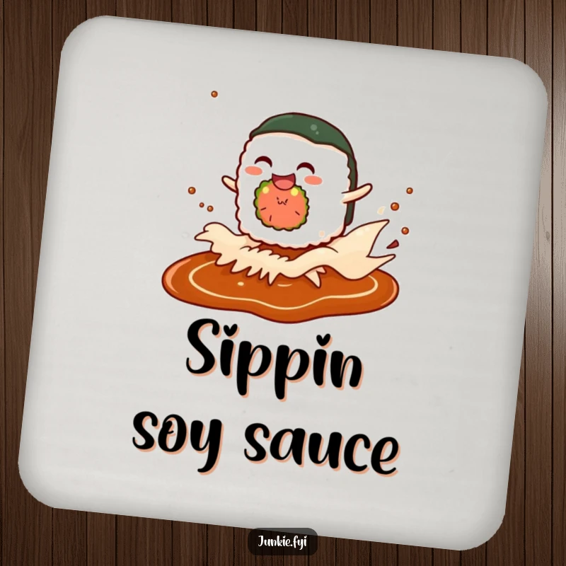 Funny drink coaster depicting a giggling sushi roll character riding a soy sauce wave, protecting surfaces with culinary humor.