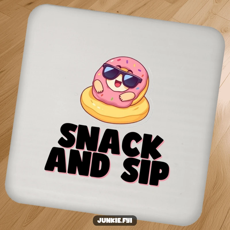 Funny Drink Coasters featuring a delighted donut in sunglasses lounging on a giant chip, offering a cool, snack-themed touch.