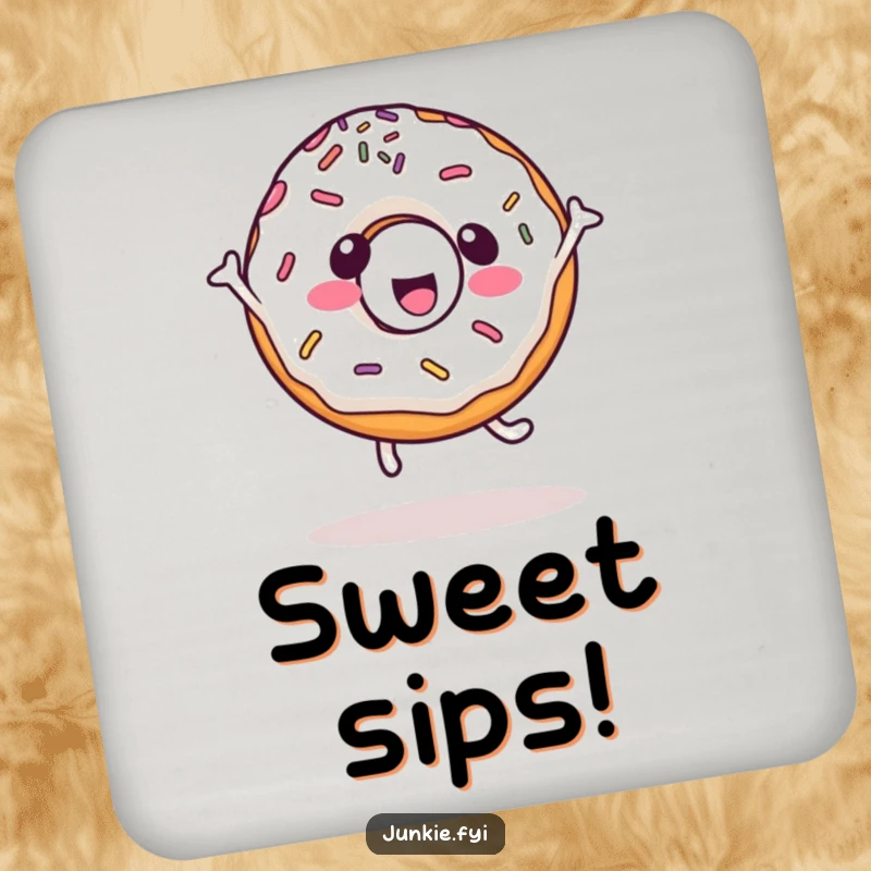 Funny kawaii drink coaster featuring a happy donut character with sprinkles doing a cartwheel, a humorous table accessory.