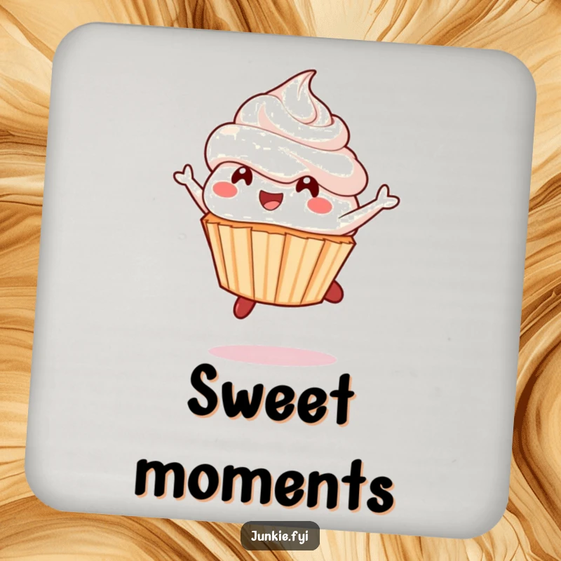 Funny cupcake coasters, a delighted character mid-leap with frosting flying, protecting surfaces with sweet fun.