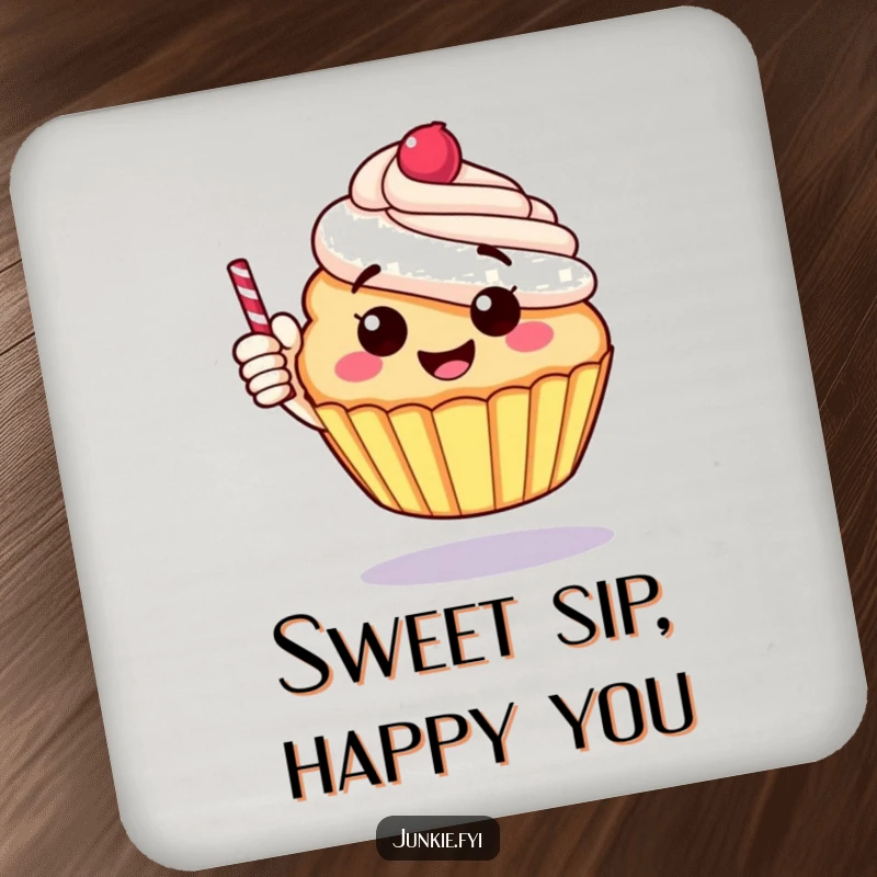 Funny coaster featuring a cheerful, round cupcake giving a thumbs up with a candy stick, a fun accent.