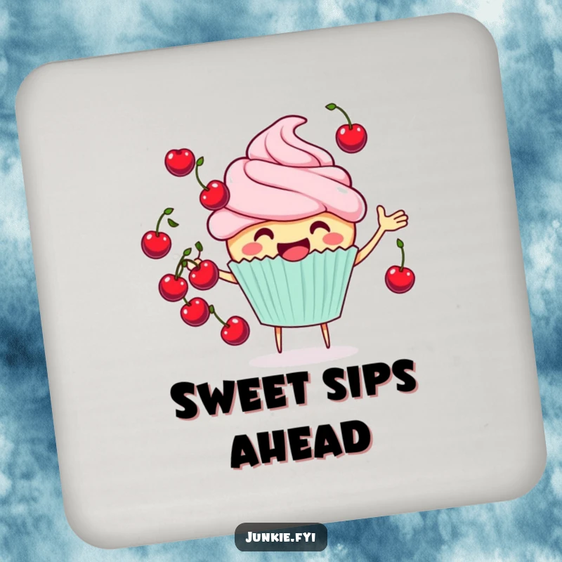 Funny cheerful cupcake coaster juggling cherries, a protective and cute surface accessory.