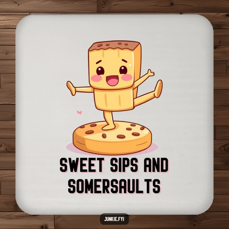 Funny Drink Coasters featuring a delighted candy bar performing gymnastics on a cookie, adding humor to your drink station.