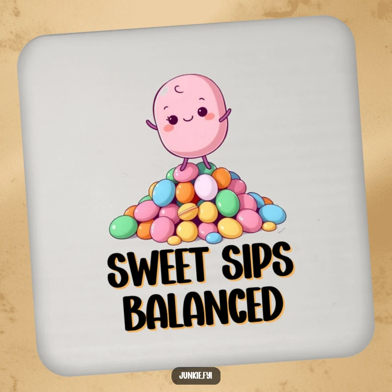 Funny Coaster displaying a macaron character balancing on colorful candies, bringing sweet humor to drink protection.