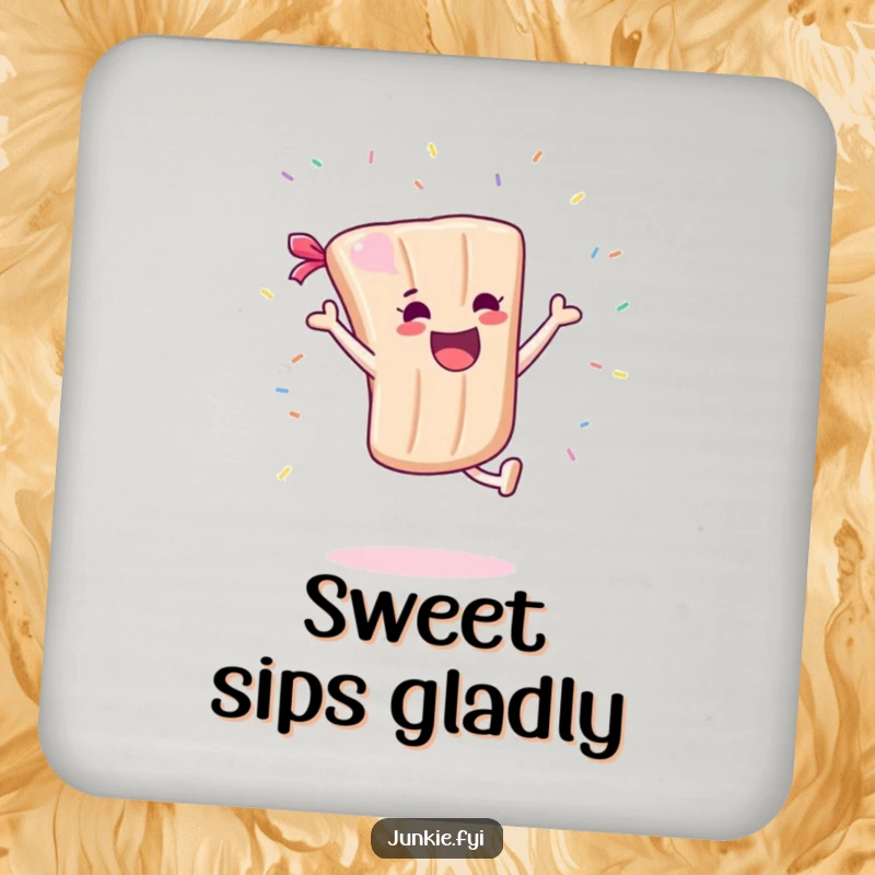 Funny Coaster: A candy bar character joyfully does a cartwheel with sprinkles flying, protecting surfaces with a dose of sweet comic relief.