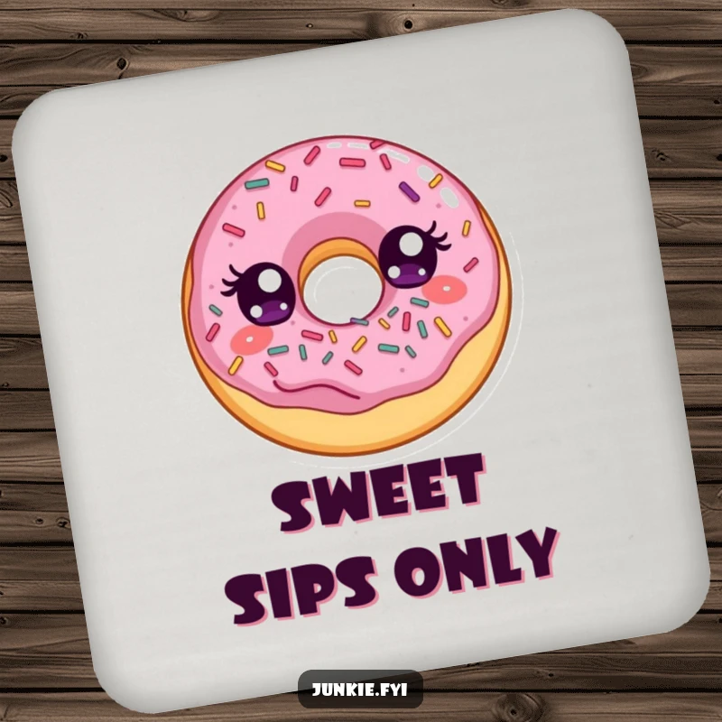 Funny drink coaster featuring a delighted donut with wide eyes, happily stuffing its face with a generous amount of colorful sprinkles.