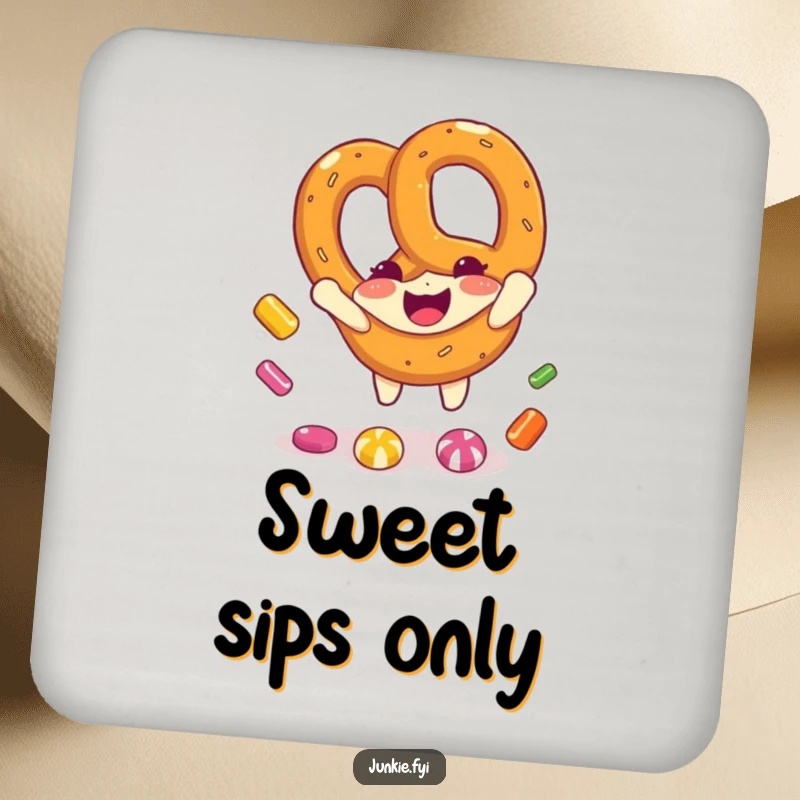 Funny pretzel character catching candy pieces on a drink coaster, adding a touch of snack-themed humor.