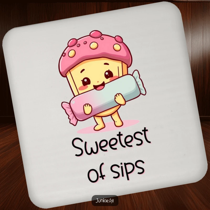 Funny drink coaster: A happy food character with a sweet expression holds a giant candy bar, protecting surfaces sweetly.