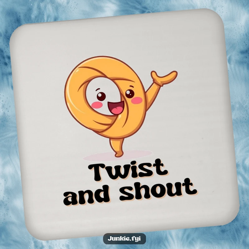 Funny drink coaster showcasing a happy pretzel character twisting joyfully in a cartwheel. Protects surfaces with humor.