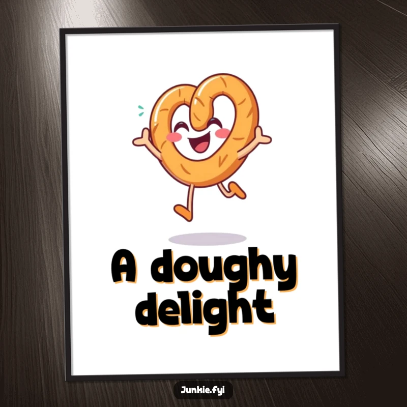 Funny pretzel poster, a smiling character joyfully jumping with a sprinkle of salt, cheerful and appetizing wall art.