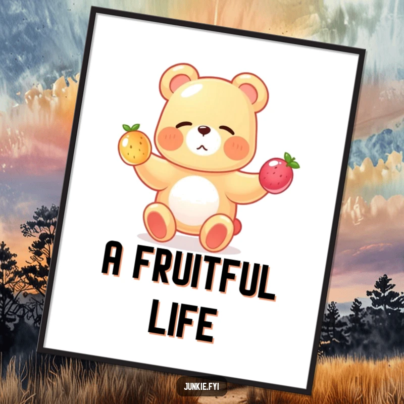 A winking gummy bear juggles tiny, translucent fruits, captured in cheerful, funny wall art.