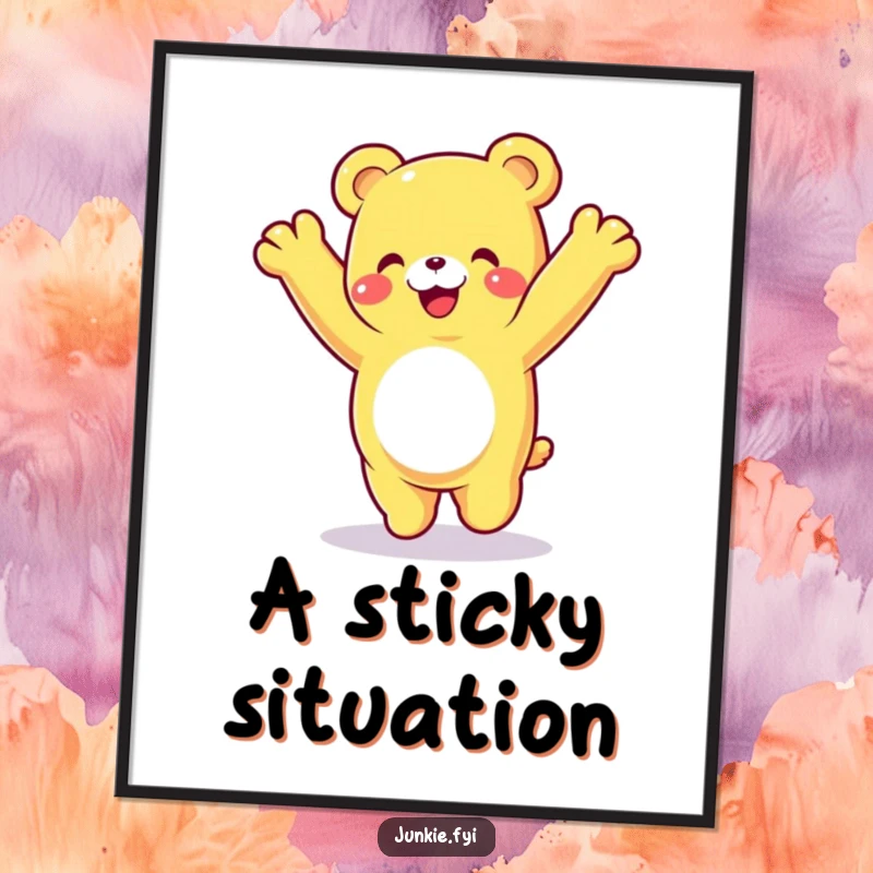 Funny gummy bear poster, a happy character performing a cartwheel with a delighted expression, joyful wall art.