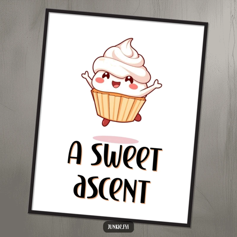 Funny cupcake poster, a delighted character mid-leap with frosting flying, sweet and delightful wall art.
