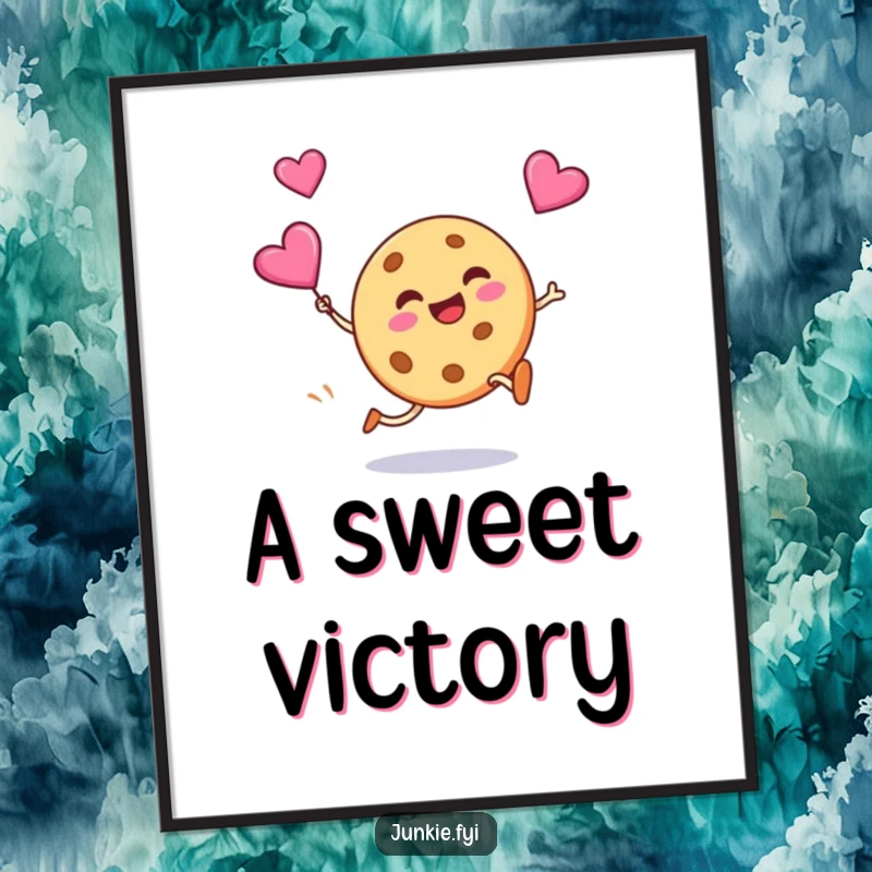 Funny poster showcasing a silly cookie grinning as it kicks a flying candy heart, a charming piece of sweet art.