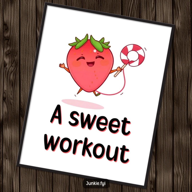 Funny poster showcasing a giggling strawberry jumping rope with a licorice string, a charming piece of energetic, playful art.