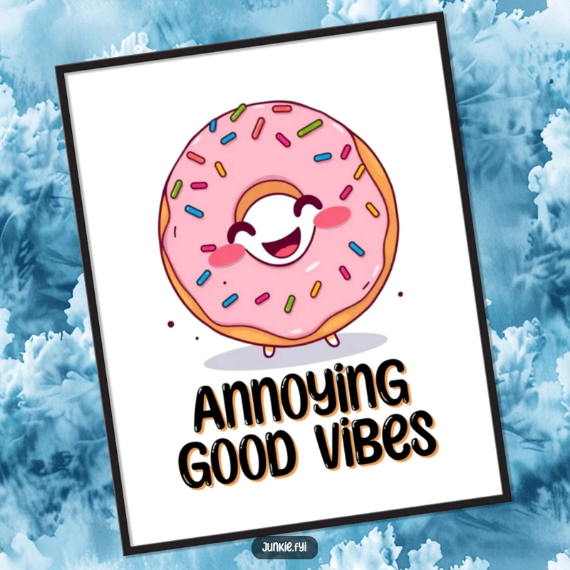 Funny donut art poster, sprinkles raining down, character performing a happy wiggle, a burst of sweet, joyful energy.