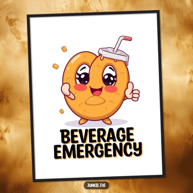 Funny pretzel character with big eyes reaching for a massive soda, presented as humorous wall art.