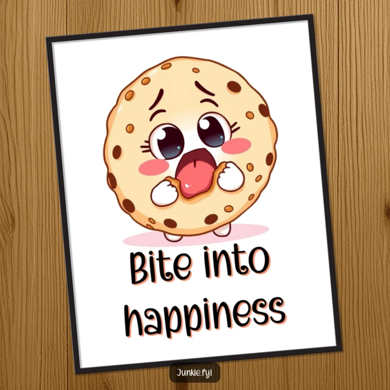 Funny poster art of an excited food character with eager eyes taking a giant bite out of a massive cookie, celebrating deliciousness.