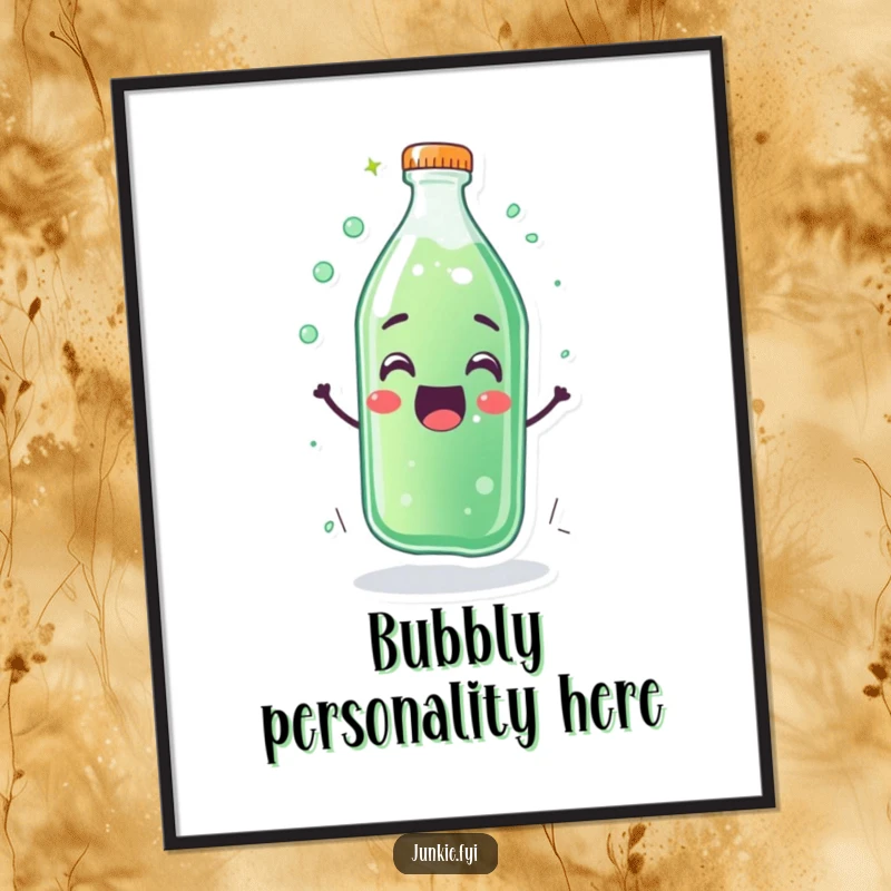 Funny poster art showing a thrilled soda bottle character overflowing with fizz and happiness. Energetic and humorous decor.