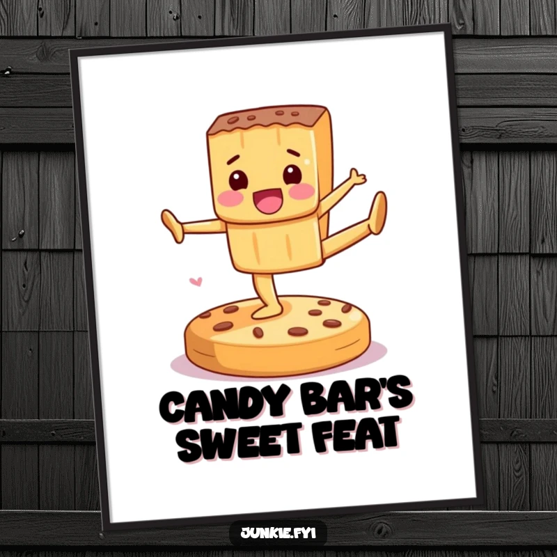 Funny Poster of a delighted candy bar performing gymnastics on a cookie, bringing dynamic and sweet charm to any room.