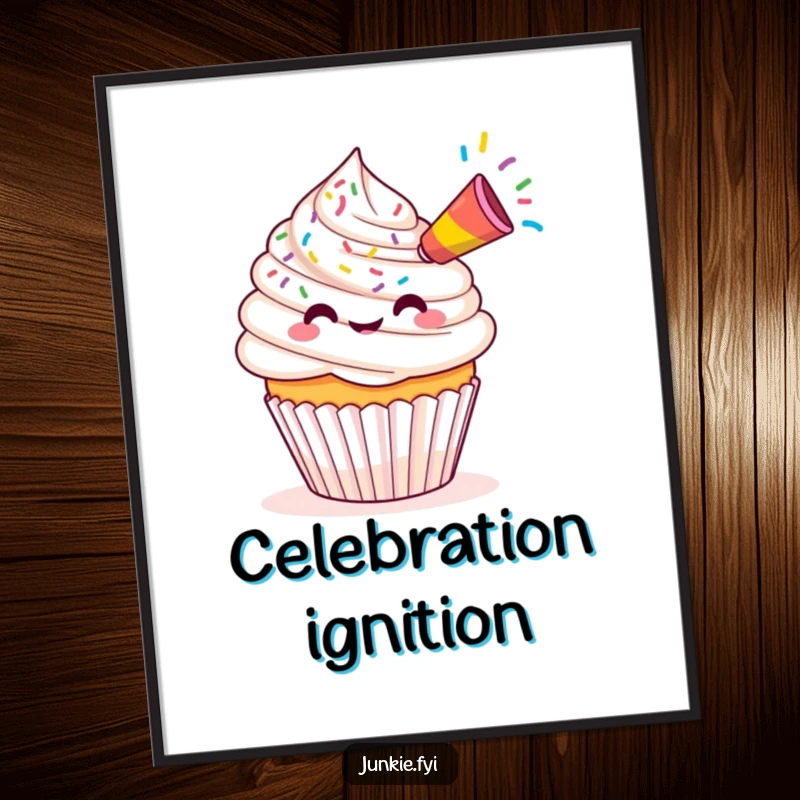 Funny Kawaii cupcake blowing a stream of vibrant colorful sprinkles from a small party horn, wall art.