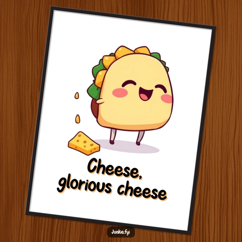 Funny giggling taco character with small legs attempting to catch falling cheese, as wall art.