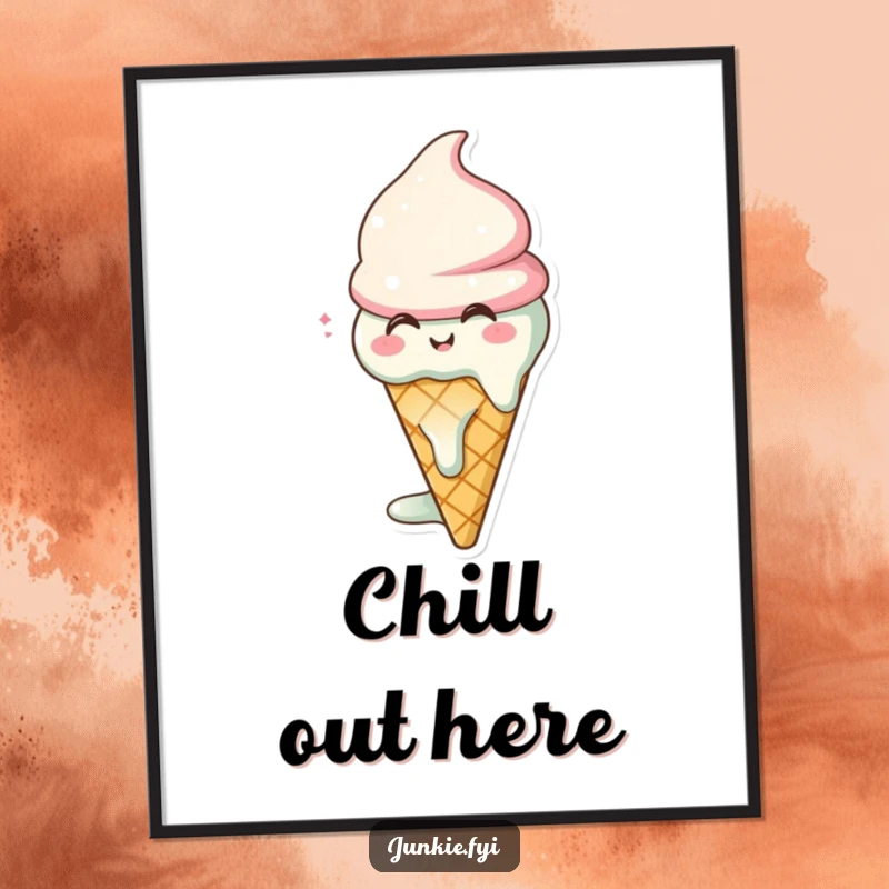 Funny ice cream cone poster art, melting happily, sighing with contentment, a sweet and humorous decoration.