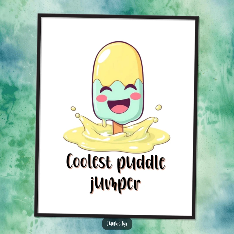 Funny laughing popsicle character melting with joy while splashing in a lemonade puddle, presented as a vibrant poster.