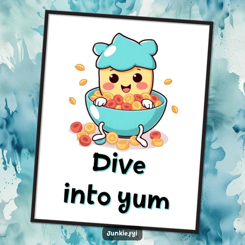 Funny Poster: A smiling food character with wiggly legs joyfully leaps into a swirling, colorful bowl of breakfast cereal.