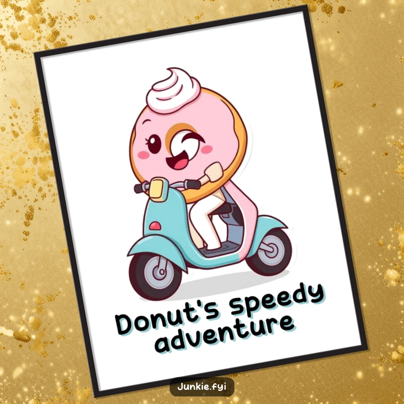 Funny Poster of a playful donut with frosting winking while on a tiny scooter, bringing whimsical charm to any room.