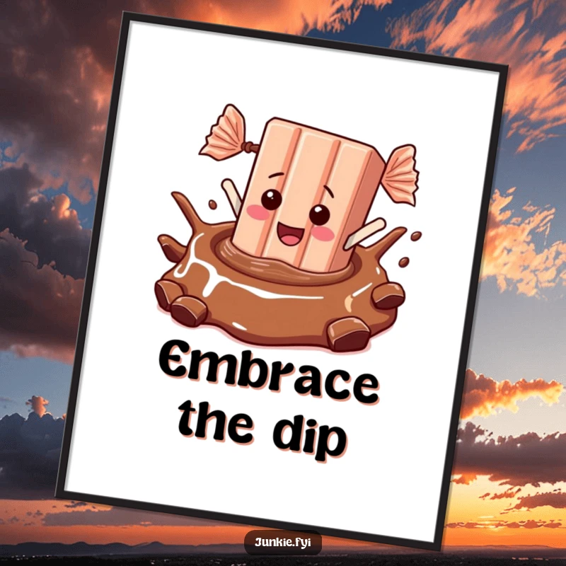 A giddy candy bar enthusiastically dives into a decadent pool of chocolate, captured in humorous wall art.